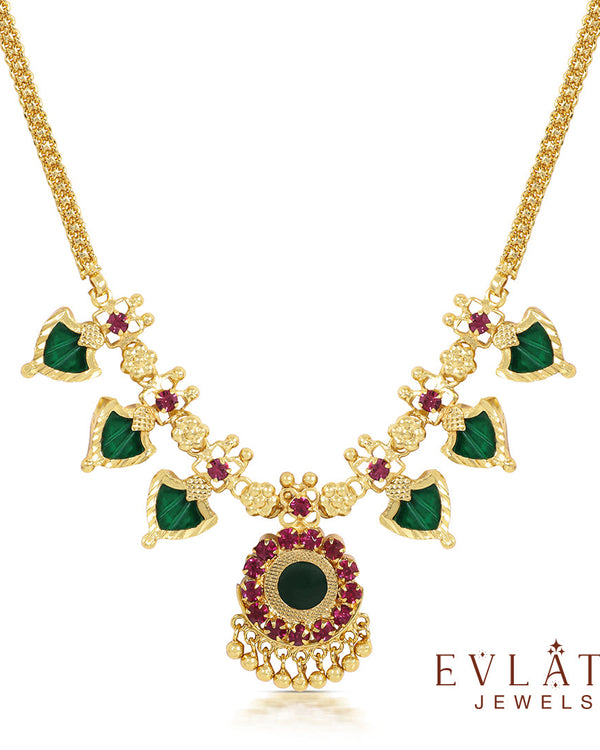 Gold-Plated Green Palakka Necklace, Adjustable Bangle & Earring Combo Set - Evlath jewels