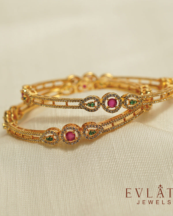 Elegant Gold-Plated Bangle Set with Green Ruby Accents – Evlath Jewels
