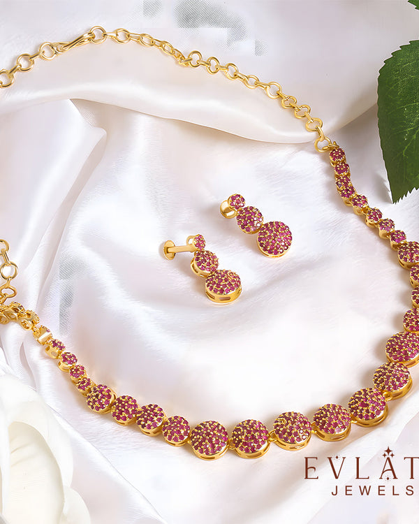 Gold-Plated Necklace and Earrings with Radiant Ruby Stone Beads – Evlath Jewels