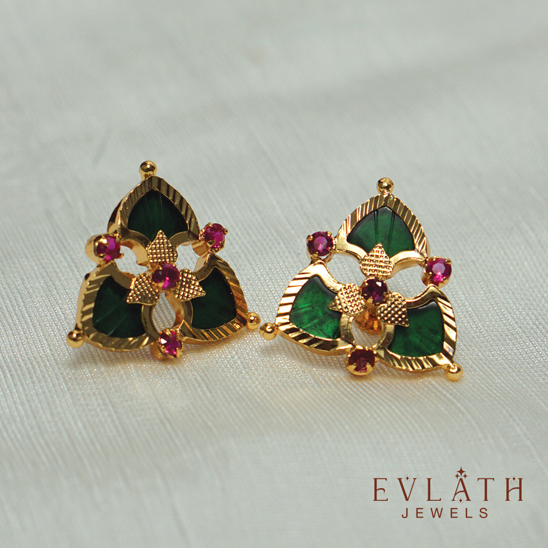 Elegant Gold-Plated Palakka Petals Ear Studs: Premium Quality Tradition - Evlath Jewels