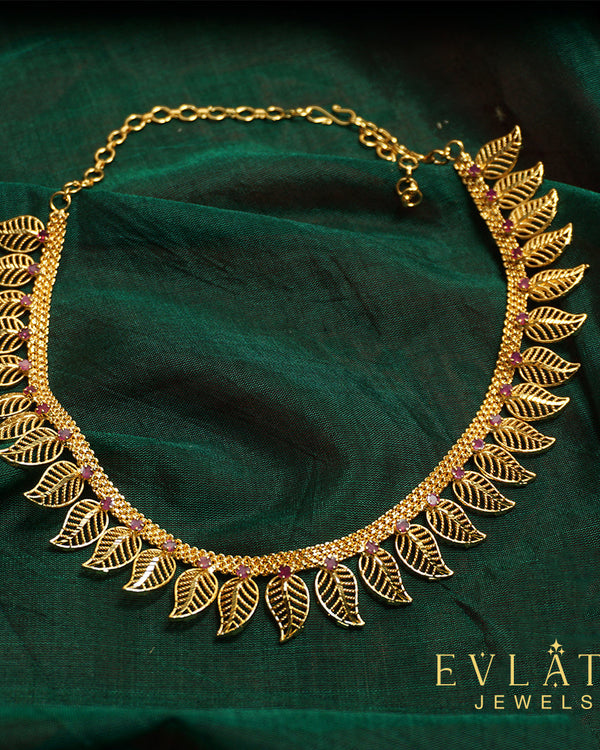 Premium Quality Gold Plated Leaf Shaped Ruby Necklace - Evlath Jewels.