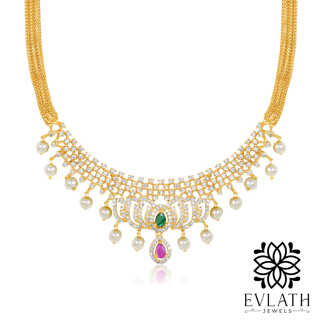 AD Stone Necklace with Pearl Accents & Matching Earrings – Evlath Jewels