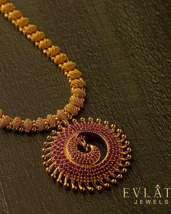 Premium quality gold-plated peacock ruby Stone pendant set - Evlath Jewels