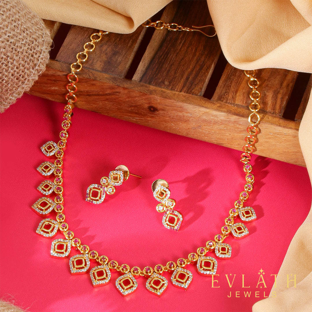 Radiant Gold-Plated Ruby & White Stone Necklace Set – Evlath Jewels.