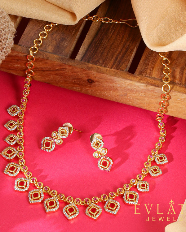 Radiant Gold-Plated Ruby & White Stone Necklace Set – Evlath Jewels.