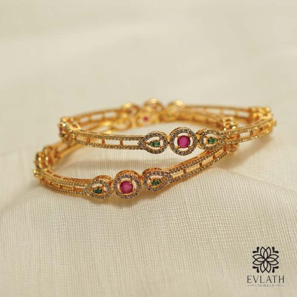 Elegant Gold-Plated Bangle Set with Green Ruby Accents – Evlath Jewels