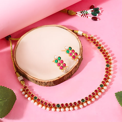 Short necklace with pearls and ruby stones - Evlath Jewelsㅤㅤㅤㅤㅤㅤ