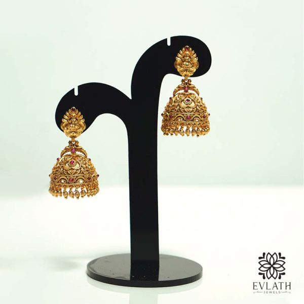 Antique gold jhumkas with ruby stones & Lakshmi temple design – Evlath Jewels.