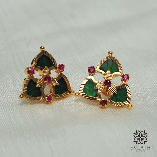 Elegant Gold-Plated Palakka Petals Ear Studs: Premium Quality Tradition - Evlath Jewels