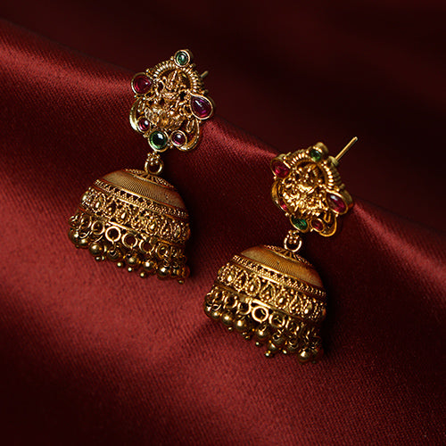 Small antique Lakshmi temple stone jhumka earrings - Evlath Jewellery.