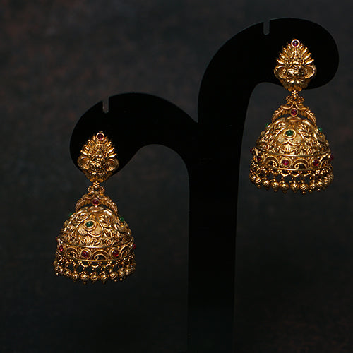 Antique gold jhumkas with multi-color stones & Lakshmi temple design – Evlath Jewels.