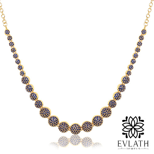 Premium Quality Gold Plated Blue Sapphire Stone Beads Studded Necklace - Evlath Jewels.