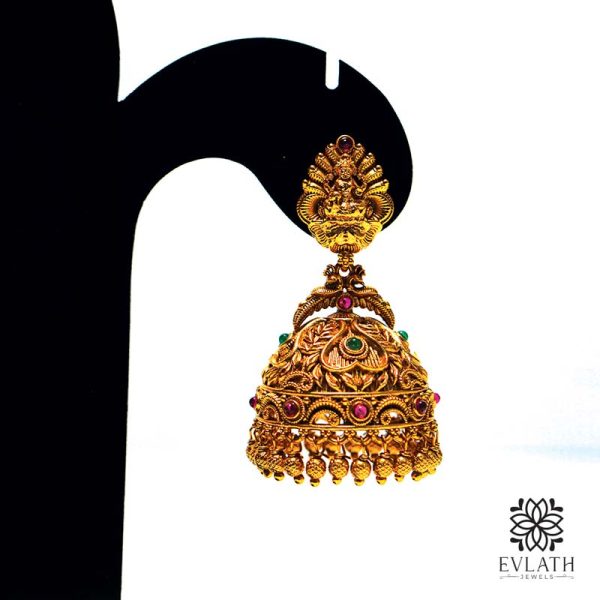 Antique gold jhumkas with multi-color stones & Lakshmi temple design – Evlath Jewels.