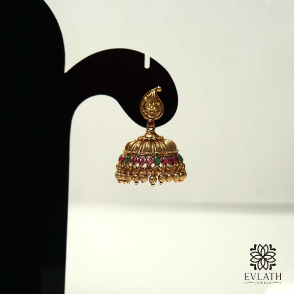 Antique gold-plated jhumka earrings with vibrant multi-color stones – Evlath Jewels.