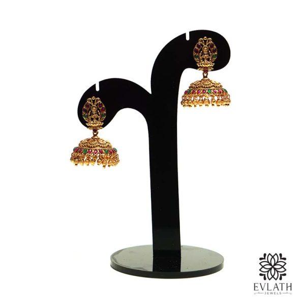 Antique gold-plated jhumkas with a multi-colored Lakshmi design – Evlath Jewels.