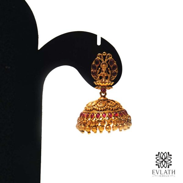 Vintage Gold Lakshmi Temple Jhumka Earrings with Ruby Stones - Evlath Jewels.