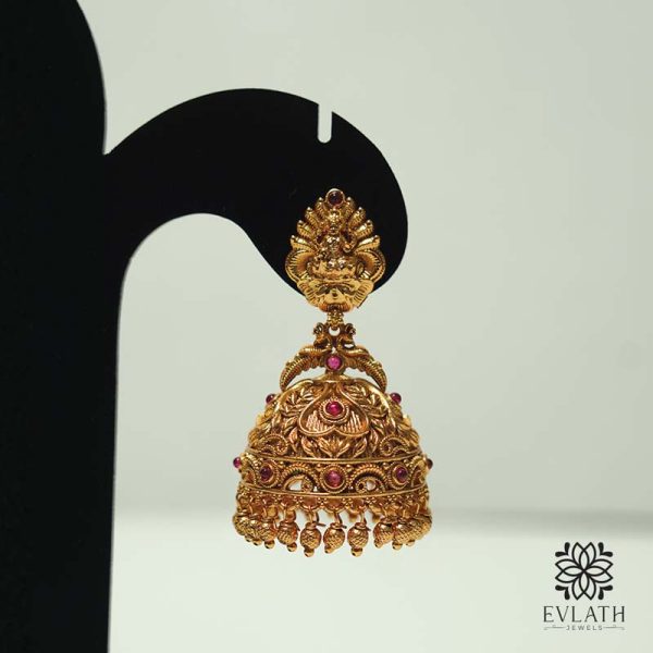 Antique gold jhumkas with ruby stones & Lakshmi temple design – Evlath Jewels.