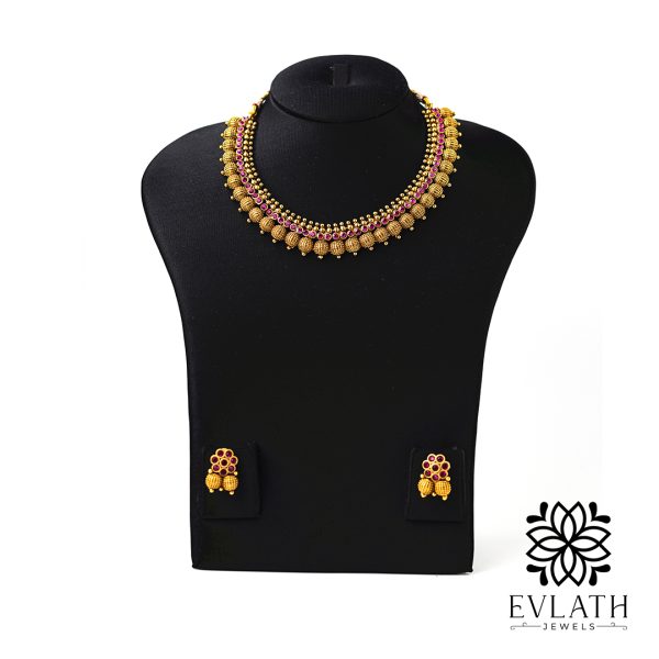 Traditional Antique Necklace with pink Stone & Earrings – Evlath Jewels