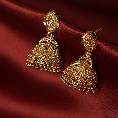 Antique gold jhumkas with multi-color stones & Lakshmi temple design – Evlath Jewels.