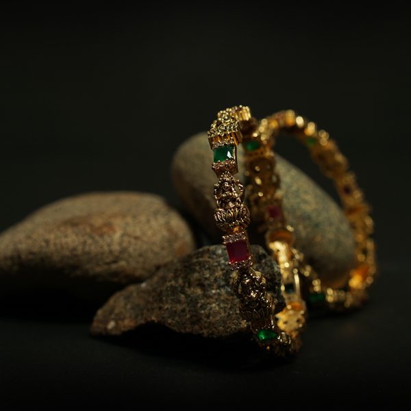 Timeless Antique Lakshmi Bangles with Ruby & Emerald Elegance - Evlath Jewels