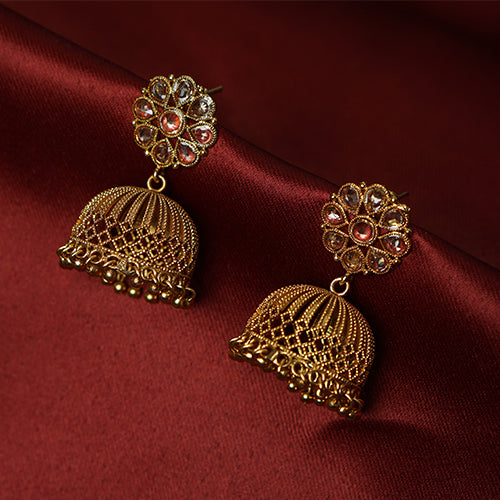 Antique Jhumka Earrings with White Stones - Evlath Jewels.