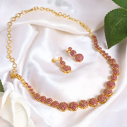 Gold-plated necklace and earrings with radiant ruby stone beads – Evlath Jewels