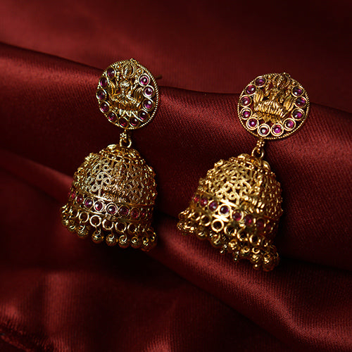 Antique Jhumka Earrings with Ruby Stones - Evlath Jewels