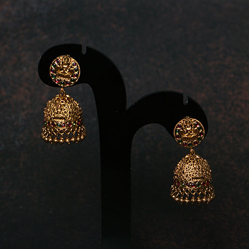 Antique Lakshmi Jhumka Earrings with Vibrant Multicolored Stones - Evlath Jewels.