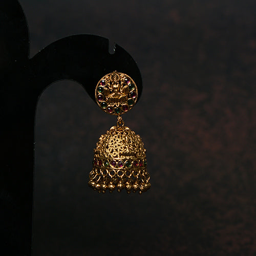 Antique Lakshmi Jhumka Earrings with Vibrant Multicolored Stones - Evlath Jewels.