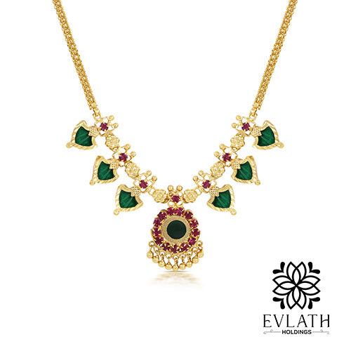 Gold-Plated Green Palakka Necklace, Adjustable Bangle & Earring Combo Set - Evlath jewels