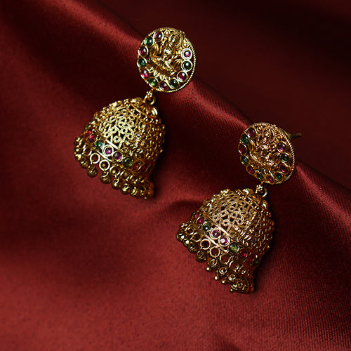 Antique Lakshmi Jhumka Earrings with Vibrant Multicolored Stones - Evlath Jewels.