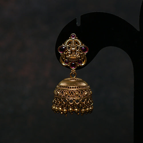 Small Antique Lakshmi Temple Jhumka Earrings with Ruby Stones – Evlath Jewels.