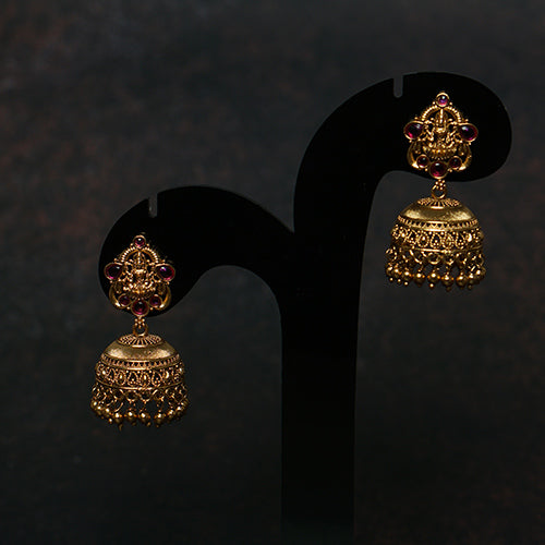 Small Antique Lakshmi Temple Jhumka Earrings with Ruby Stones – Evlath Jewels.