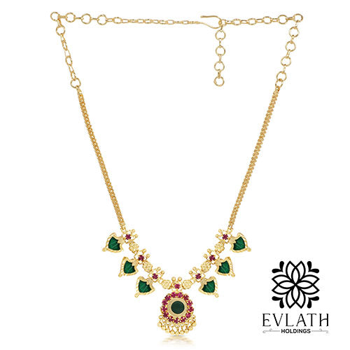 Gold-Plated Green Palakka Necklace, Adjustable Bangle & Earring Combo Set - Evlath jewels