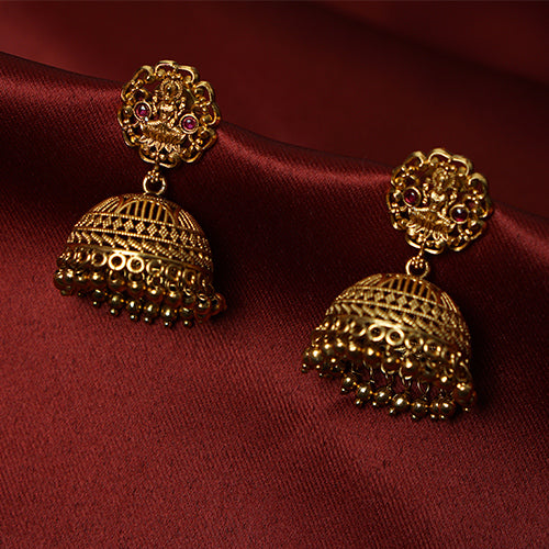 Antique Lakshmi Temple Jhumka Earrings with Ruby Stones - Evlath Jewels.