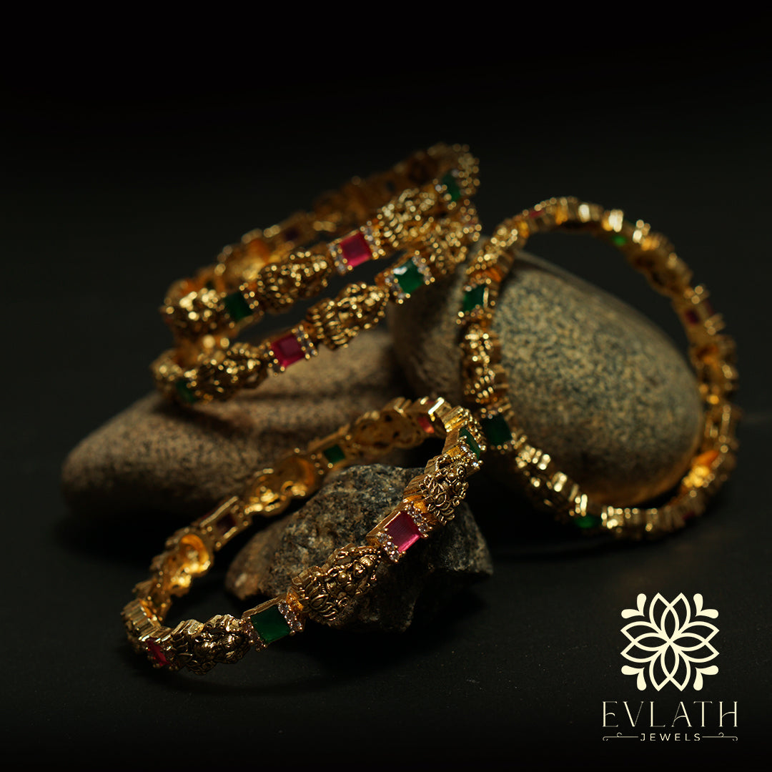 Timeless Antique Lakshmi Bangles with Ruby & Emerald Elegance - Evlath Jewels