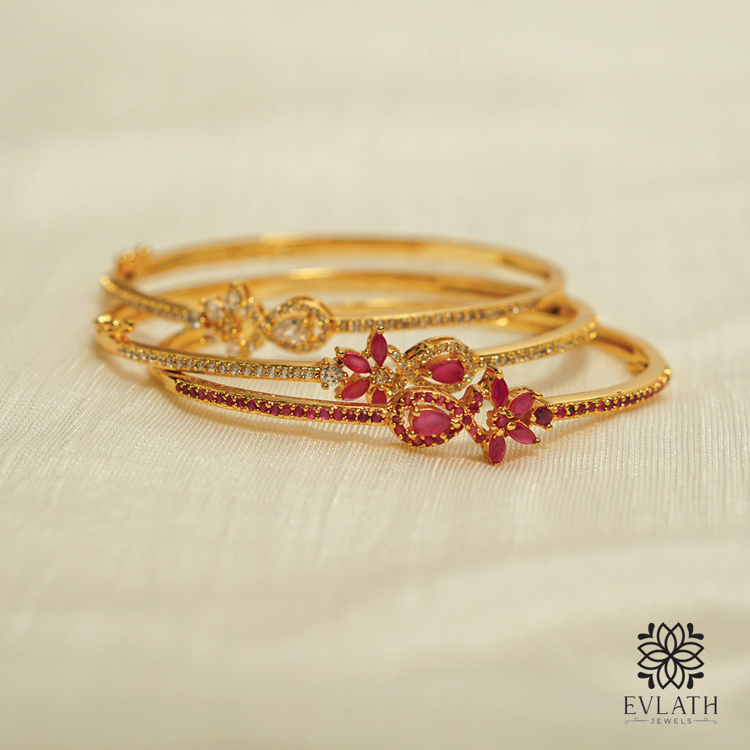 Premium gold-plated red ruby stone-studded op-enable bangles - Evlath Jewels.