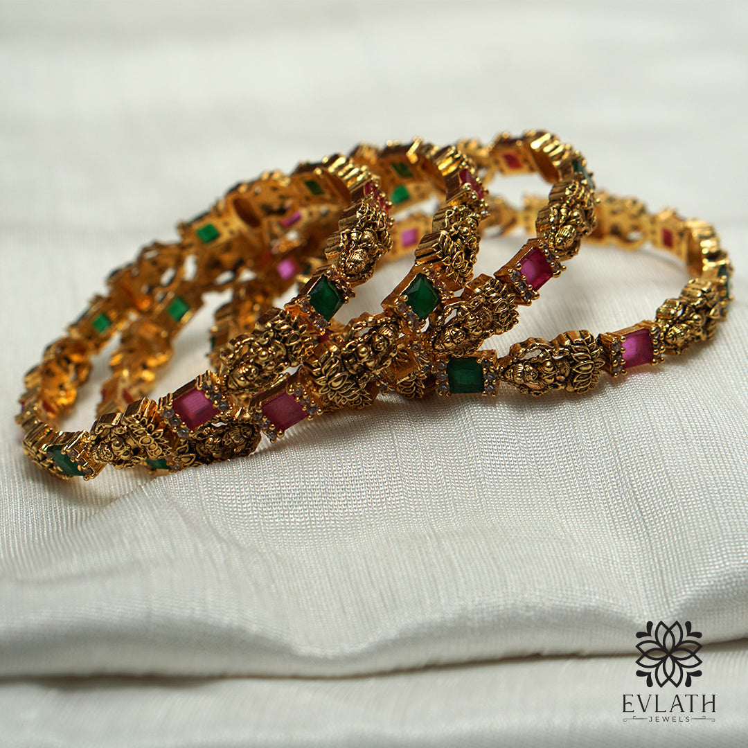 Timeless Antique Lakshmi Bangles with Ruby & Emerald Elegance - Evlath Jewels