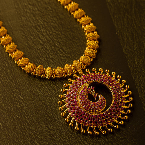 Premium quality gold-plated peacock ruby Stone pendant set - Evlath Jewels