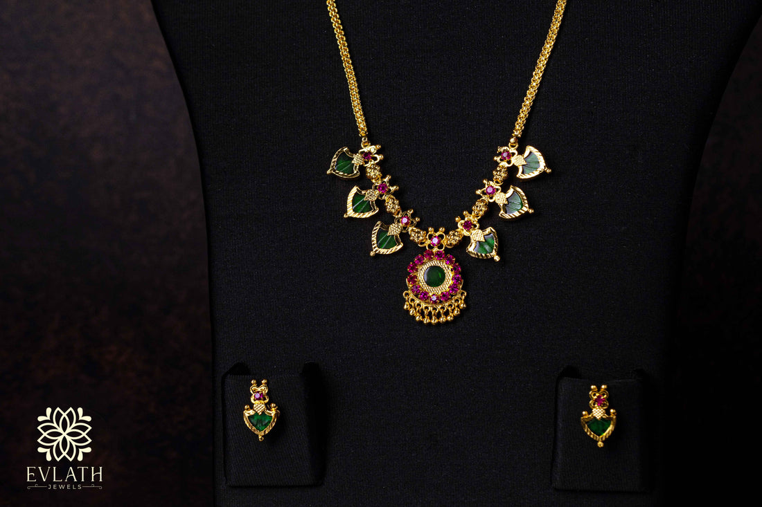 Gold-Plated Green Palakka Necklace, Adjustable Bangle & Earring Combo Set - Evlath jewels