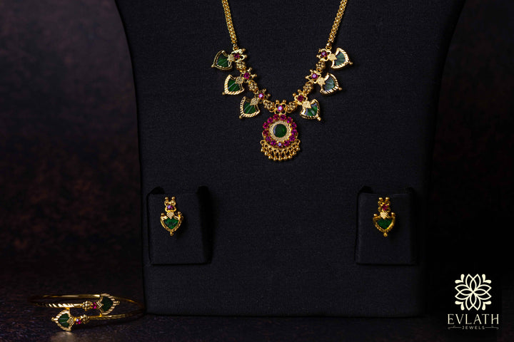 Gold-Plated Green Palakka Necklace, Adjustable Bangle & Earring Combo Set - Evlath jewels