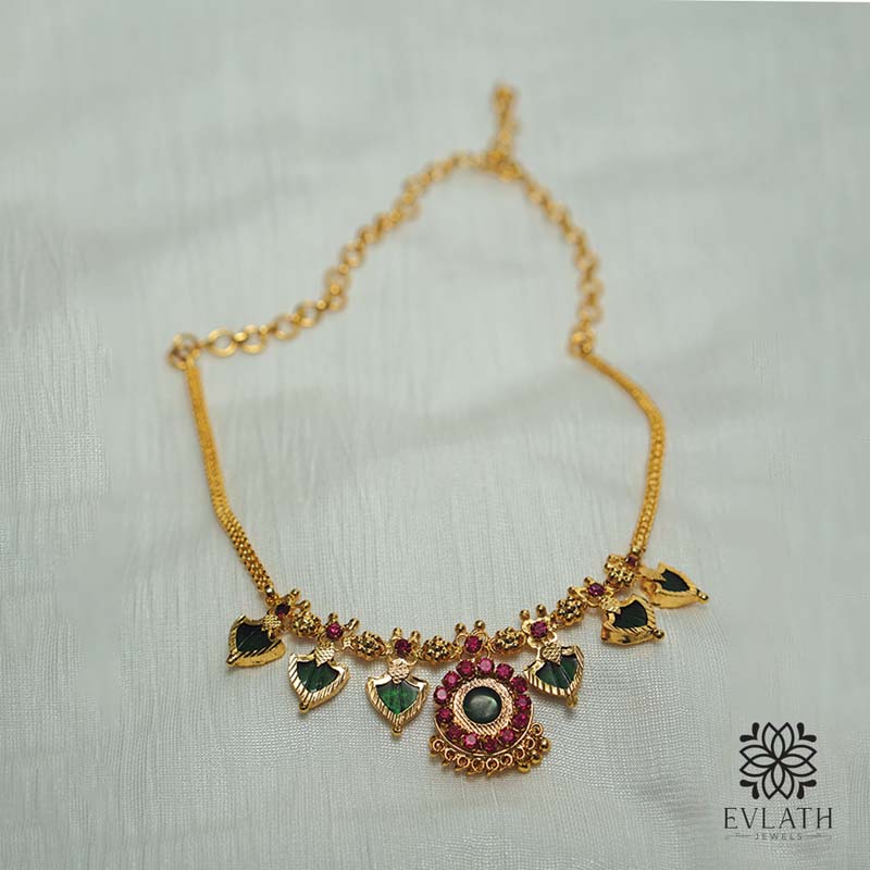 Gold-Plated Green Palakka Necklace, Adjustable Bangle & Earring Combo Set - Evlath jewels