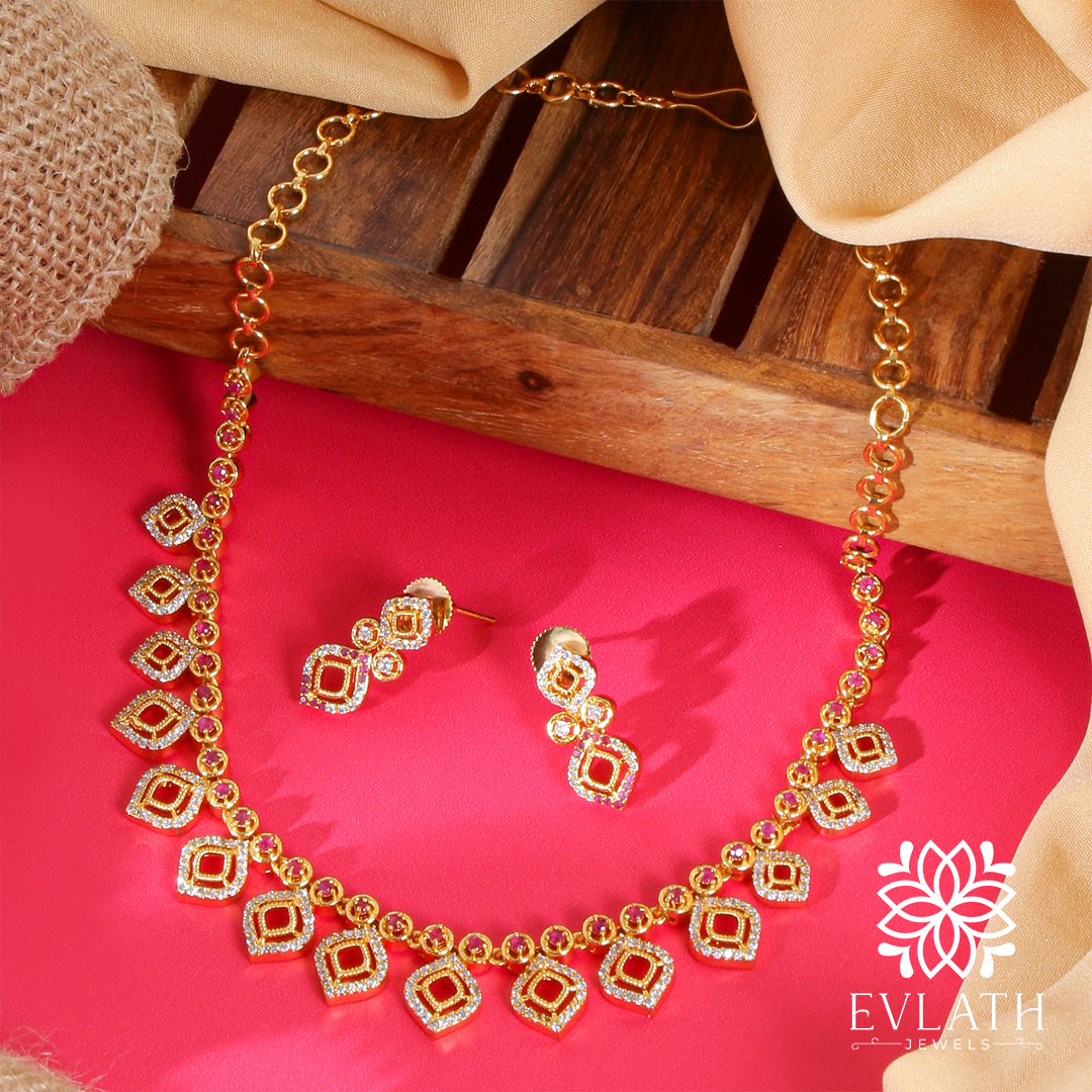 Radiant Gold-Plated Ruby & White Stone Necklace Set – Evlath Jewels.